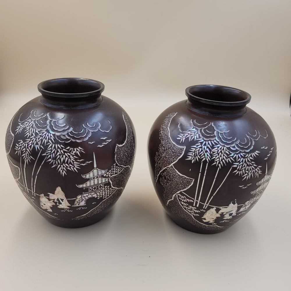 2 Vintage Asian Lacquer Vase, Mother of Pearl Inlay, Pagoda Garden Scene, 5.25"H